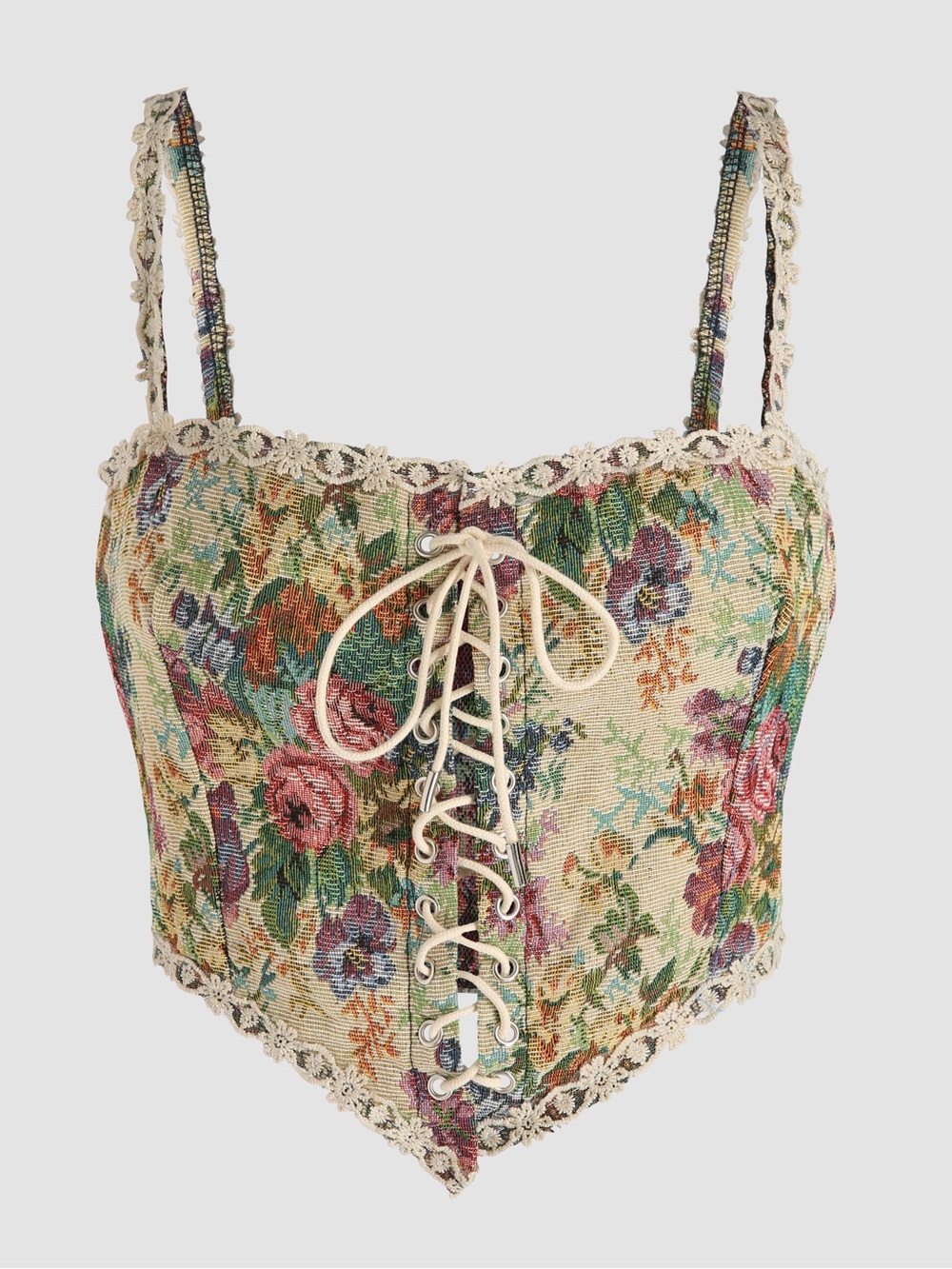 Cider Floral Tapestry Corset Top Multicolor Lace Up Lace Trim Size S Cottagecore